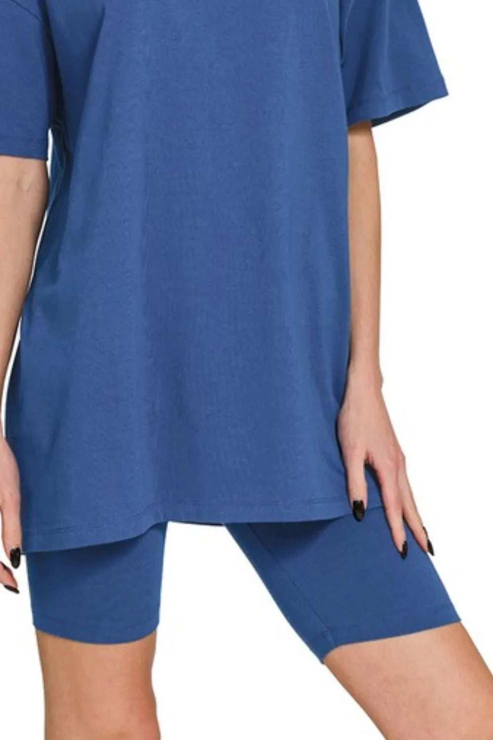 Zenana Cotton Round Neck Top & Biker Shorts - Trendsi - Flyclothing LLC