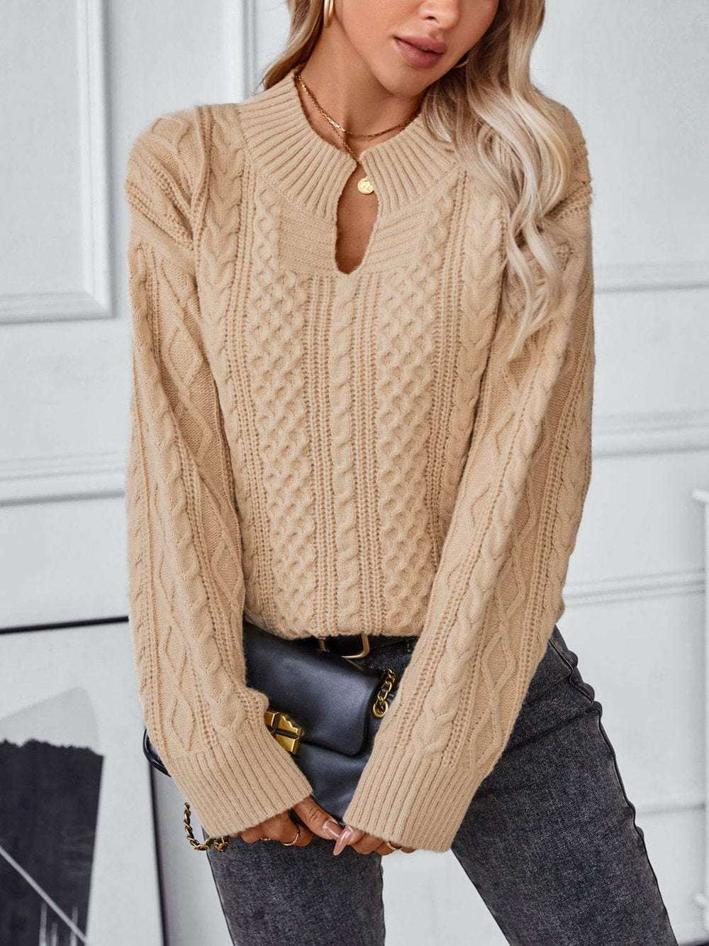 Cable-Knit Notched Long Sleeve Sweater - Trendsi - Flyclothing LLC