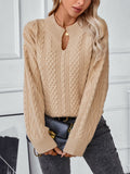 Cable-Knit Notched Long Sleeve Sweater - Trendsi