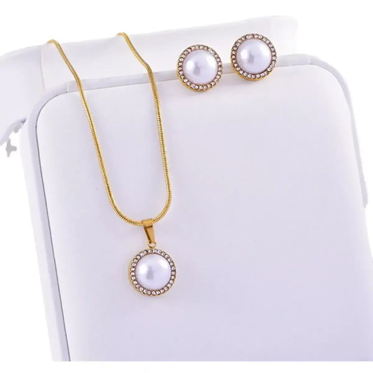 Synthetic Pearl 18K Gold-Plated Rhinestone Necklace and Earrings Jewelry Set - Trendsi - Flyclothing LLC