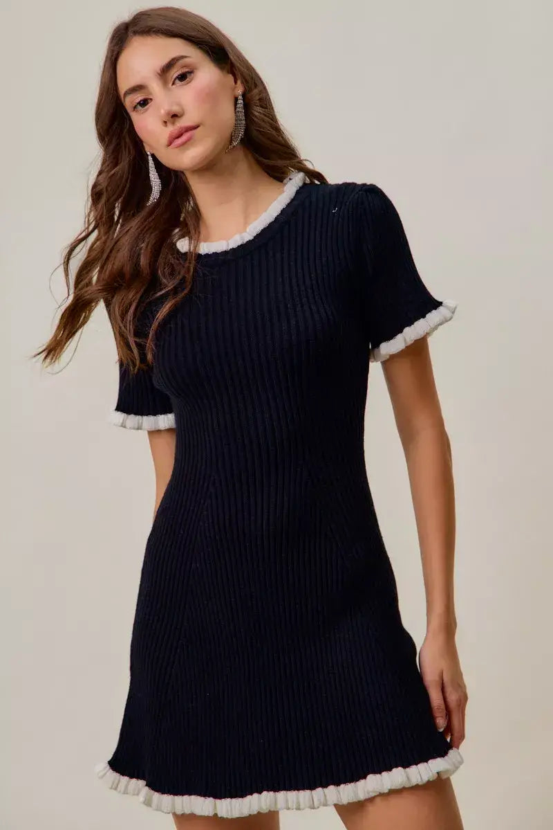 SO ME Contrast Ruffled Sweater Knit Mini Dress - Trendsi - Flyclothing LLC