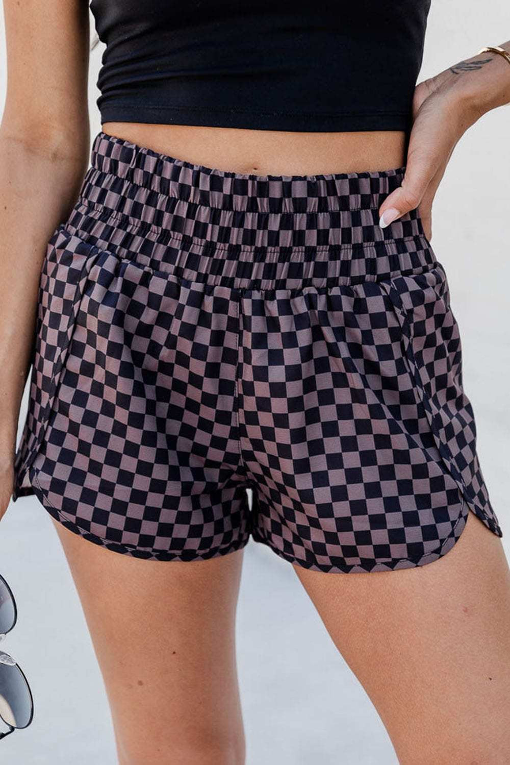 Checkered Elastic Waist Shorts - Trendsi - Flyclothing LLC
