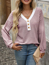 Striped Button Detail Long Sleeve T-Shirt - Trendsi - Flyclothing LLC