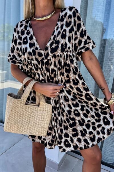 Cutout Back Leopard V-Neck Short Sleeve Mini Dress - Trendsi
