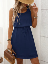Waffle-Knit Drawstring Mini Tank Dress - Trendsi - Flyclothing LLC