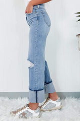 Distressed Straight Jeans with Pockets - Trendsi - Flyclothing LLC