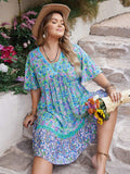 Plus Size Ruffled Hem Lace Detail Printed Half Sleeve Dress - Trendsi - Flyclothing LLC