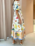 Printed Round Neck Puff Sleeve Dress - Trendsi