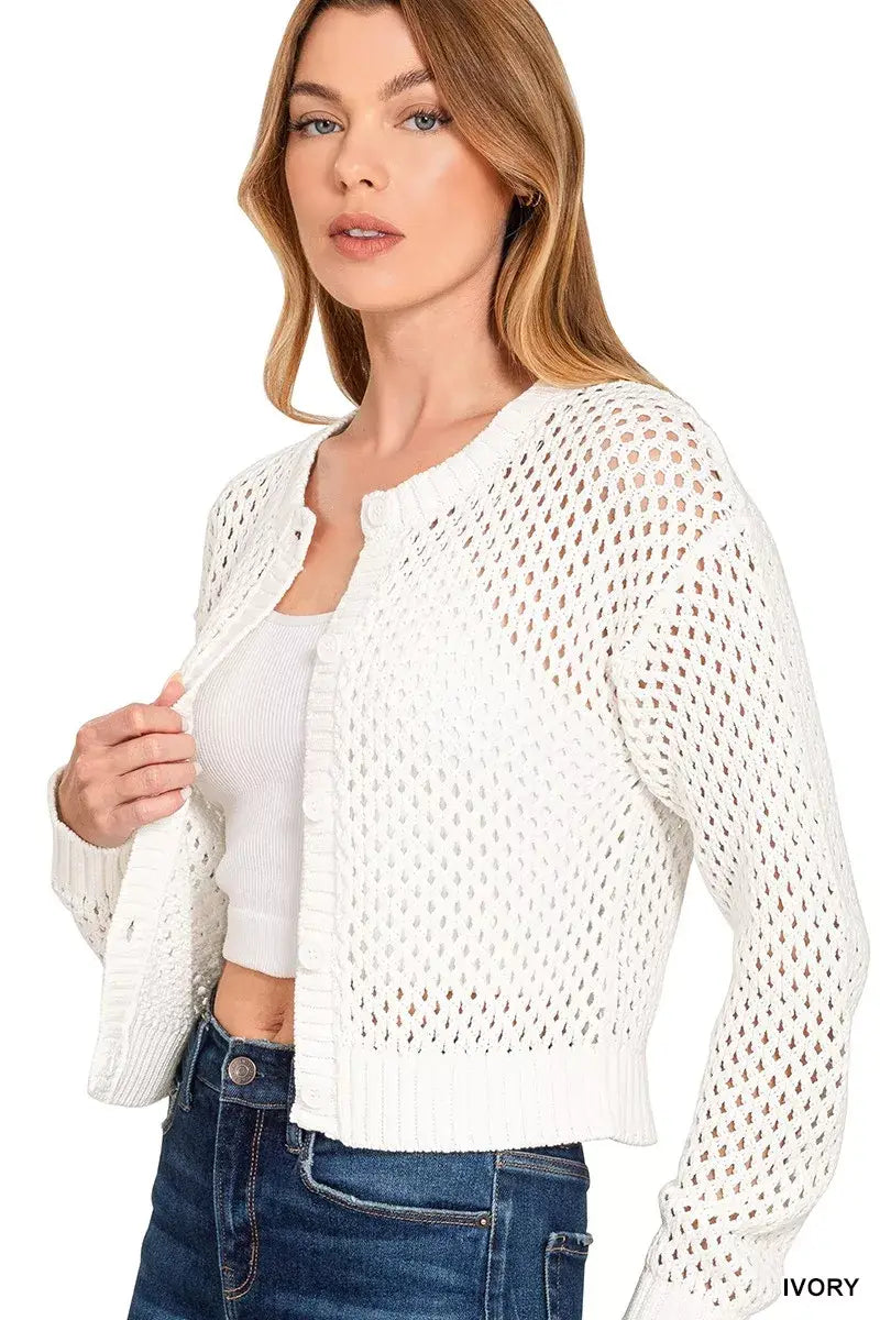 Zenana Button Down Lightweight Crochet Cardigan Sweater - Trendsi - Flyclothing LLC
