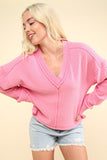 VERY J Exposed Seam V-Neck Ribbed Knit Top - Trendsi