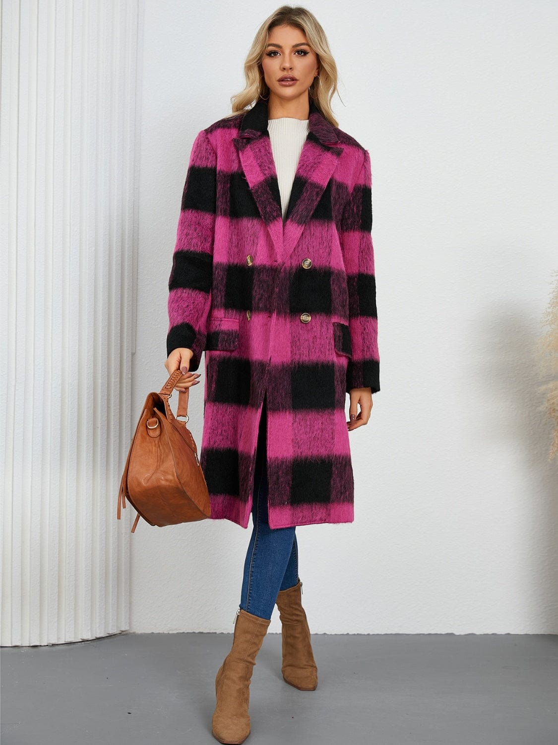 Plaid Double-Breasted Long Sleeve Coat - Trendsi