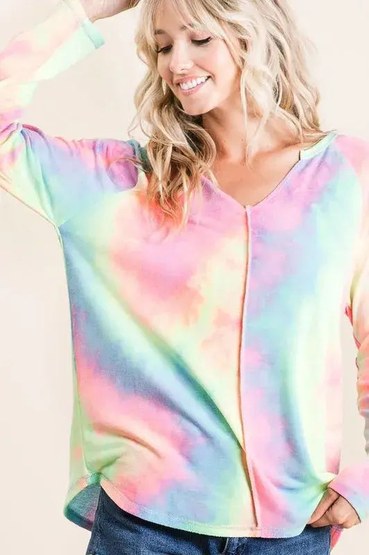 BiBi Long Sleeve Tie-Dye Terry T-Shirt - Trendsi - Flyclothing LLC