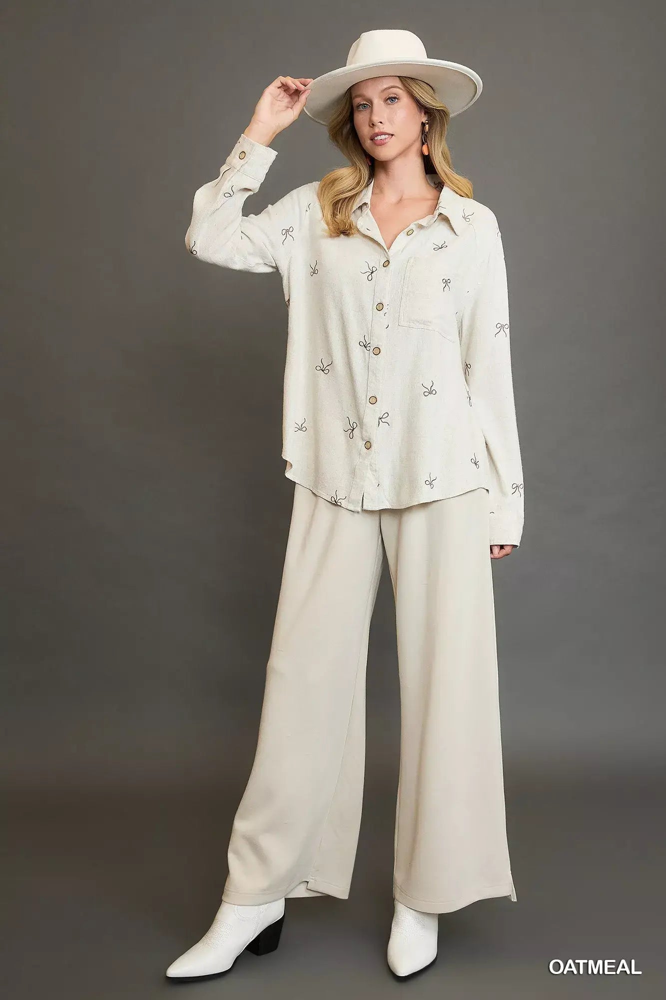 Umgee Linen Blend Fitted Shirt with Ribbon Embroidery Details - Trendsi - Flyclothing LLC