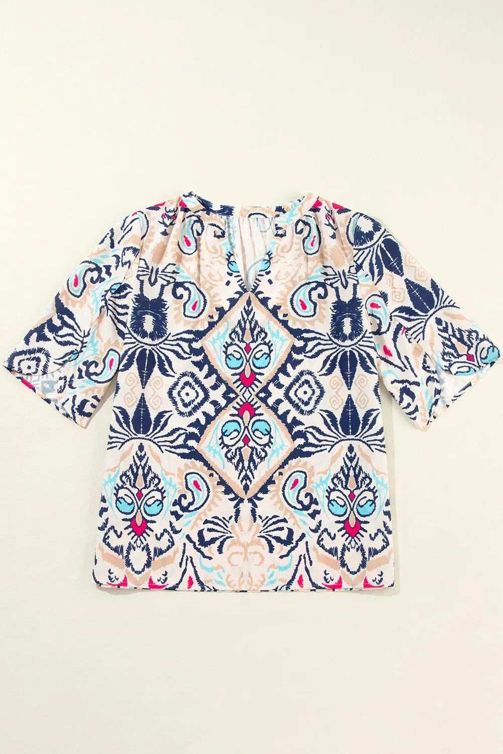 Printed Notched Half Sleeve Blouse - Trendsi - Flyclothing LLC