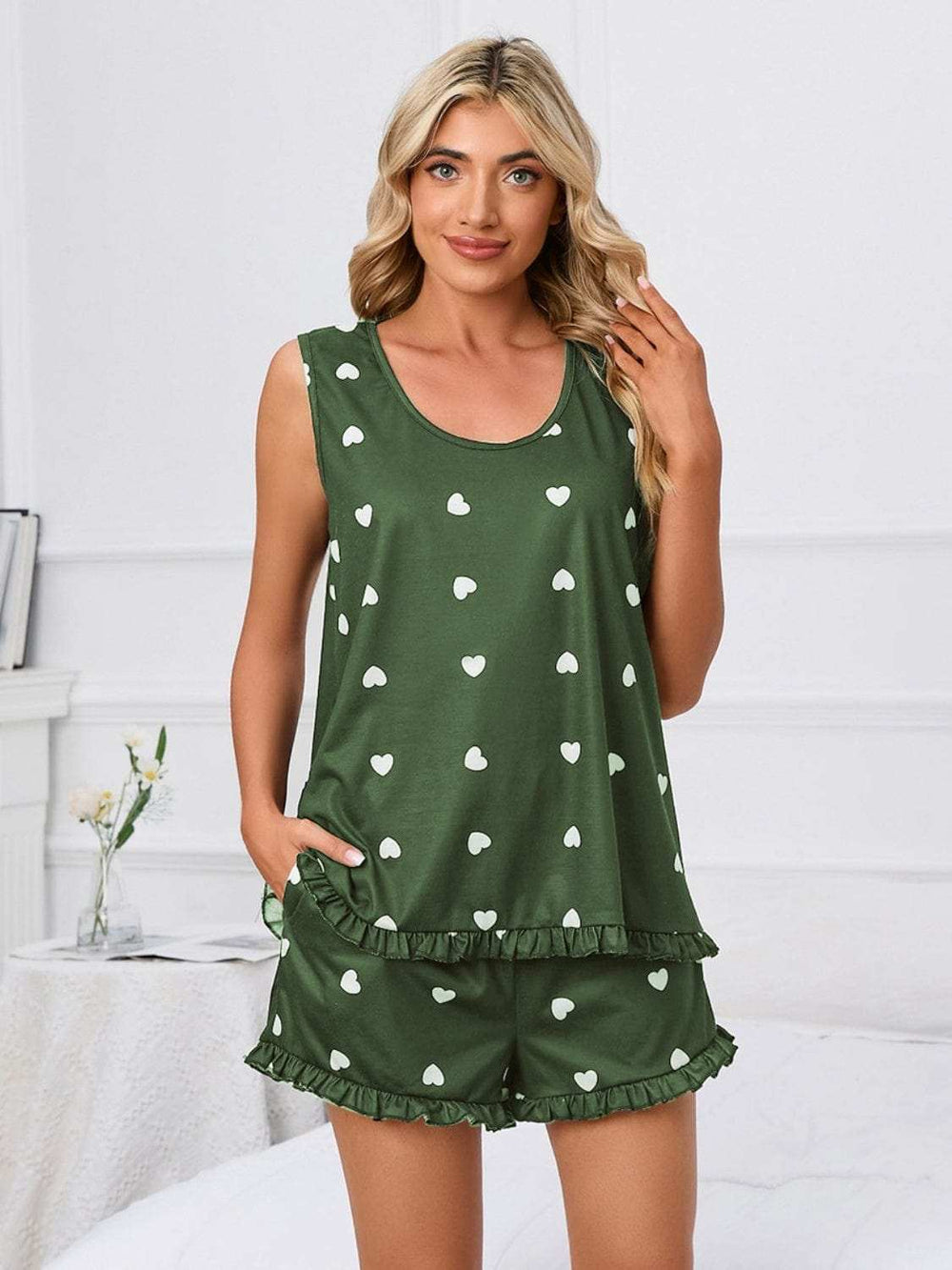 Heart Scoop Neck Tank and Shorts Lounge Set - Trendsi - Flyclothing LLC