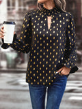 Cutout Printed Mock Neck Flounce Sleeve Blouse - Trendsi
