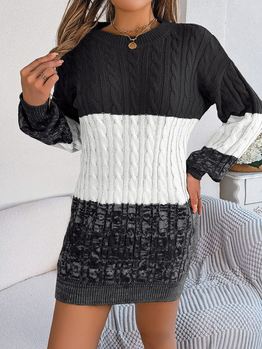 Cable-Knit Round Neck Color Block Sweater Dress - Trendsi