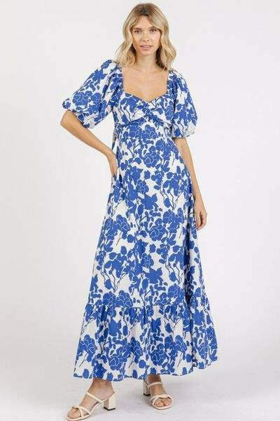 Mittoshop Cutout Back Floral Sweetheart Neck Puff Sleeve Dress - Trendsi - Flyclothing LLC
