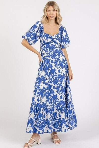 Mittoshop Cutout Back Floral Sweetheart Neck Puff Sleeve Dress - Trendsi