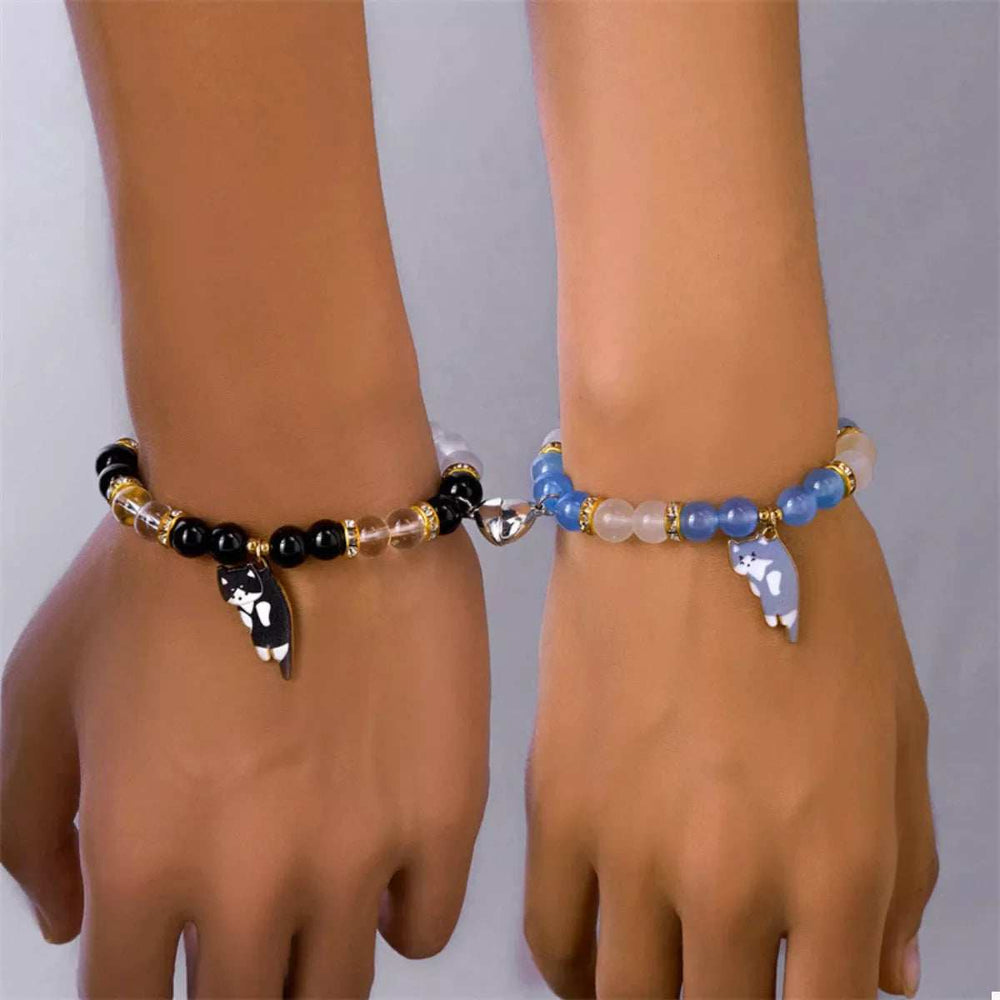 2 Piece Beaded Cat Charm Bracelet - Trendsi - Flyclothing LLC