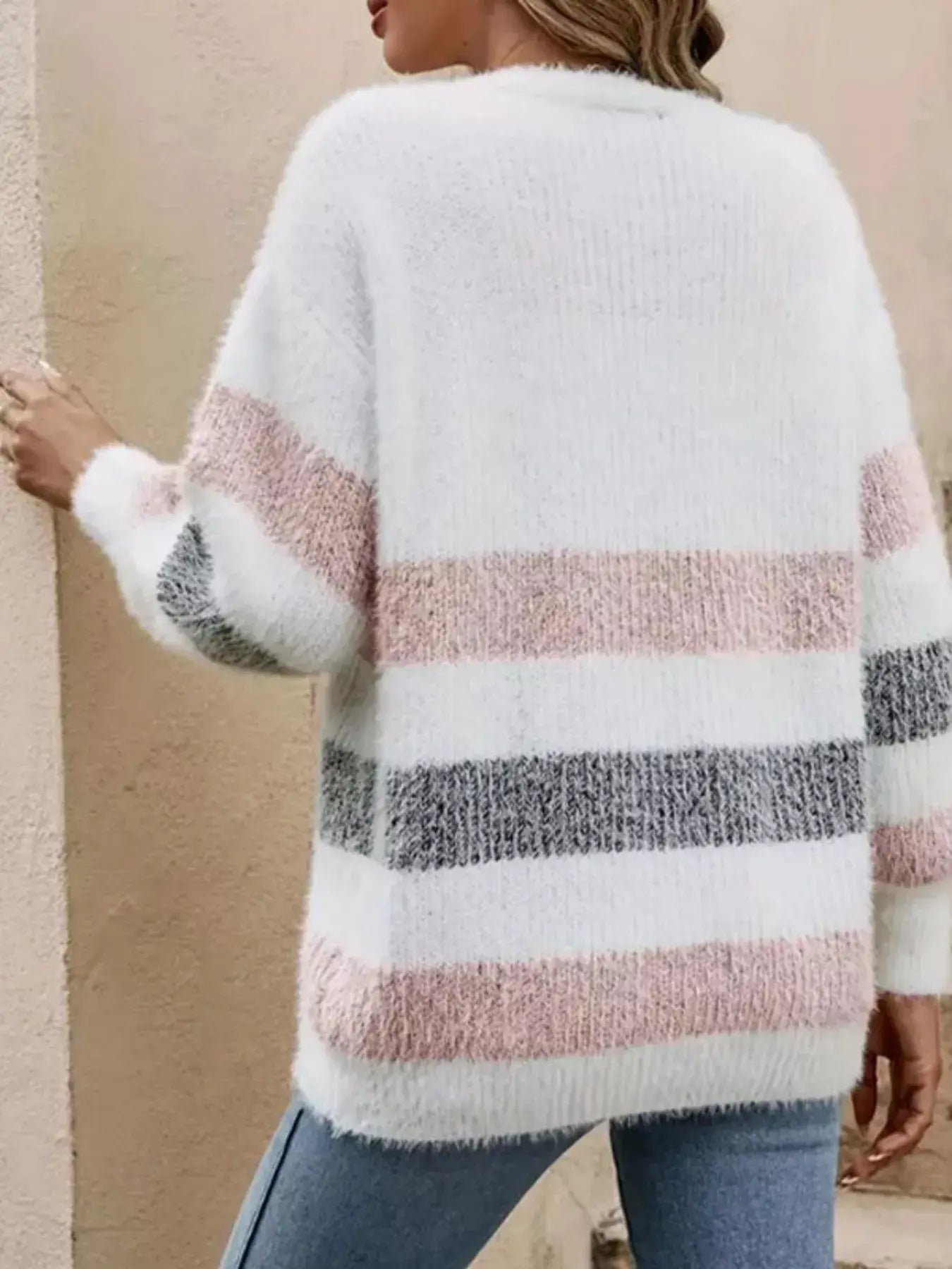 Striped Fuzzy Knit Button-Up Cardigan - Trendsi - Flyclothing LLC