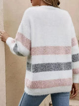 Striped Fuzzy Knit Button-Up Cardigan - Trendsi - Flyclothing LLC
