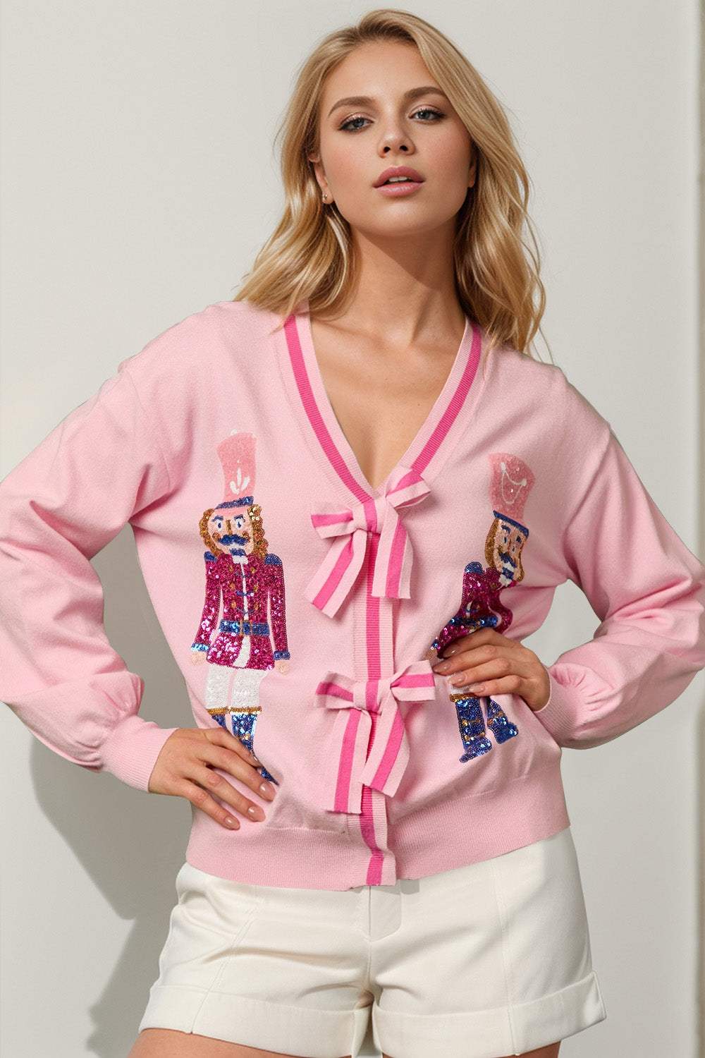 Double Take Full Size Nutcracker Sequin Bow Decor Cardigan - Trendsi - Flyclothing LLC