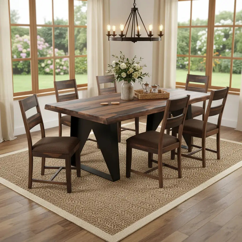 Seven Piece Dark Brown and Black Solid Wood Live Edge Dining Set with Six Chairs - Homeroots - Flyclothing LLC