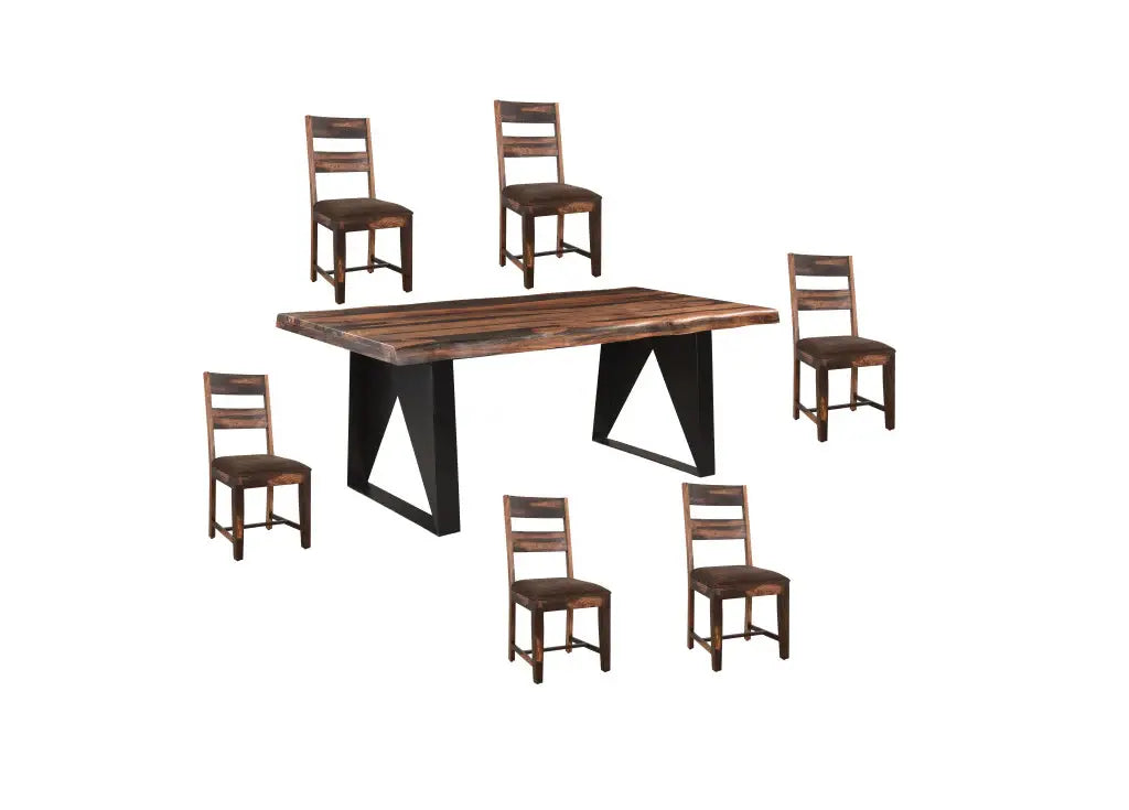 Seven Piece Dark Brown and Black Solid Wood Live Edge Dining Set with Six Chairs - Homeroots - Flyclothing LLC