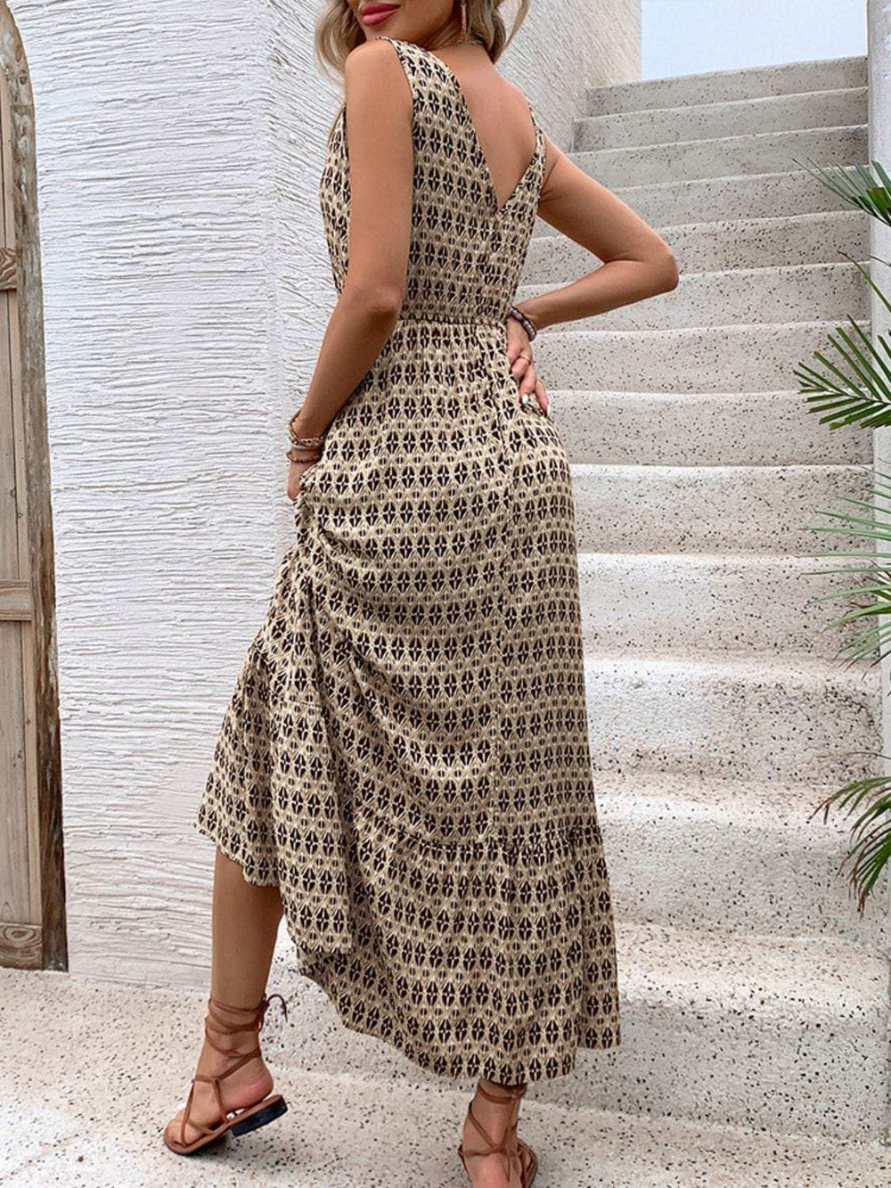 Printed V-Neck Tie Waist Midi Dress - Trendsi - Flyclothing LLC