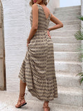 Printed V-Neck Tie Waist Midi Dress - Trendsi