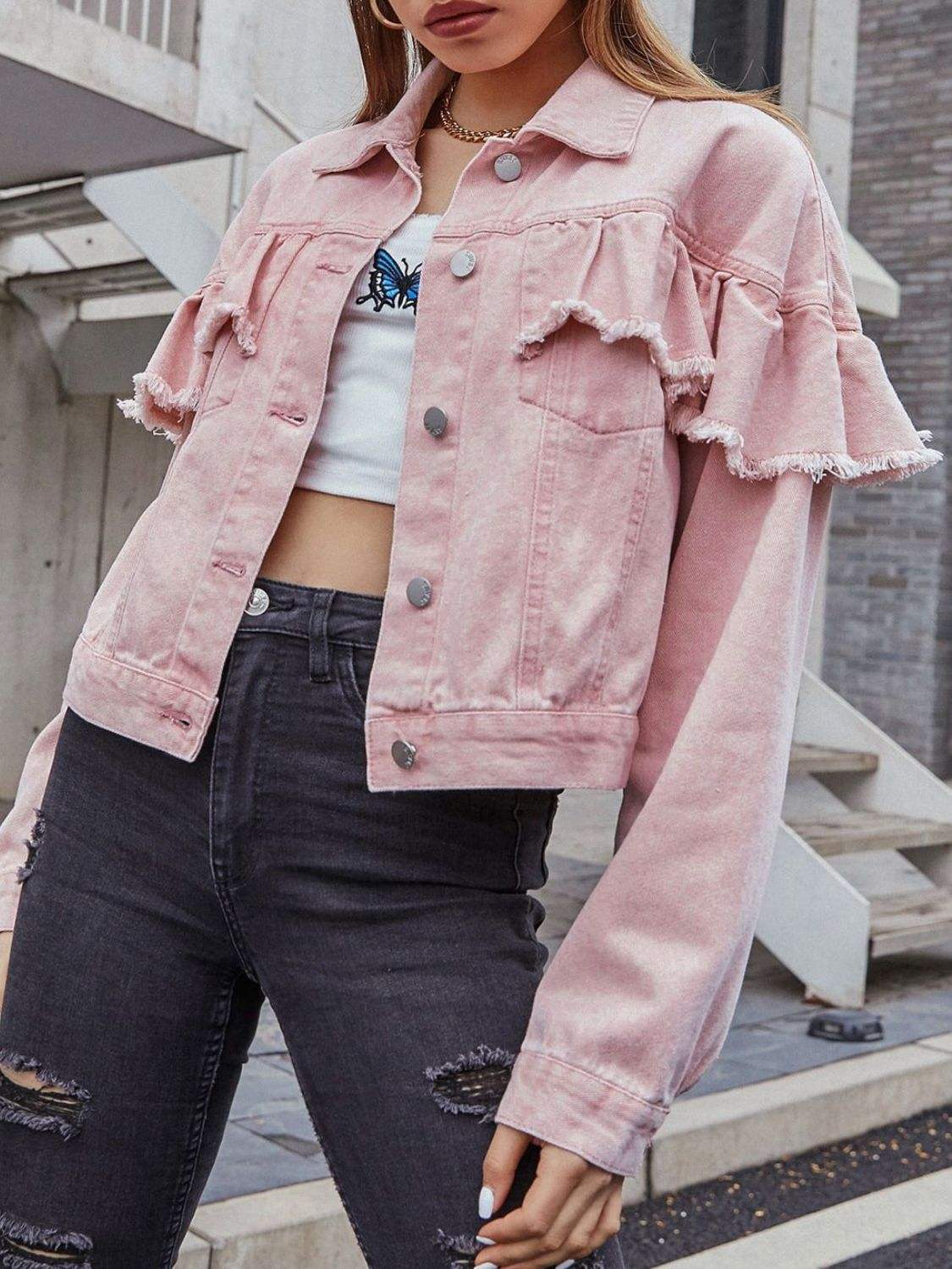 Ruffled Collared Neck Long Sleeve Denim Top - Trendsi - Flyclothing LLC