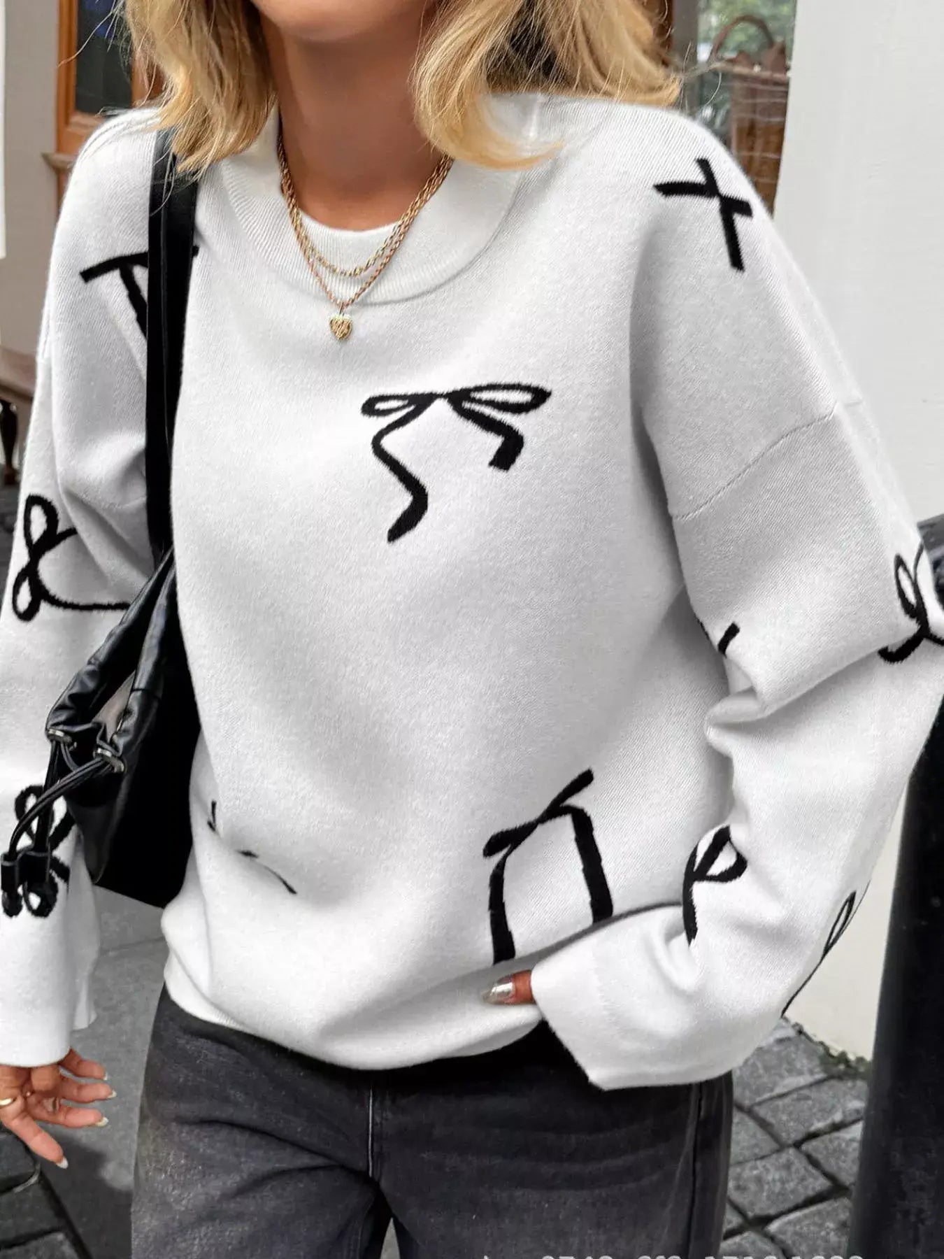 Bow Round Neck Dropped Shoulder Sweater - Trendsi - Flyclothing LLC