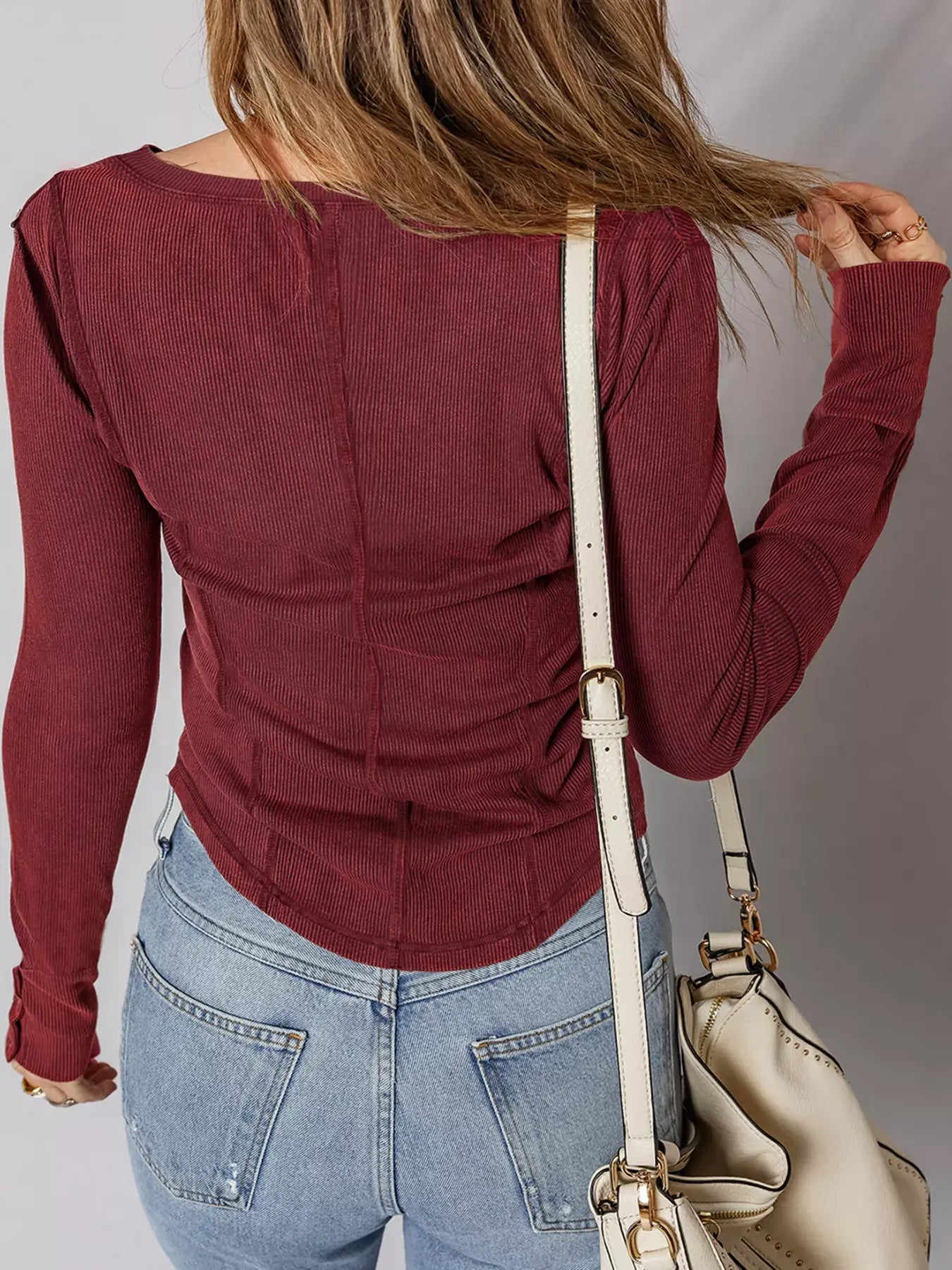Exposed Seam Ribbed Long Sleeve Top - Trendsi - Flyclothing LLC