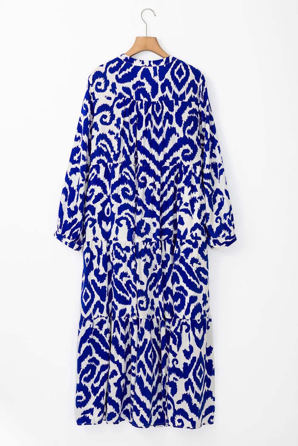 Tiered Printed Notched Long Sleeve Midi Dress - Trendsi - Flyclothing LLC