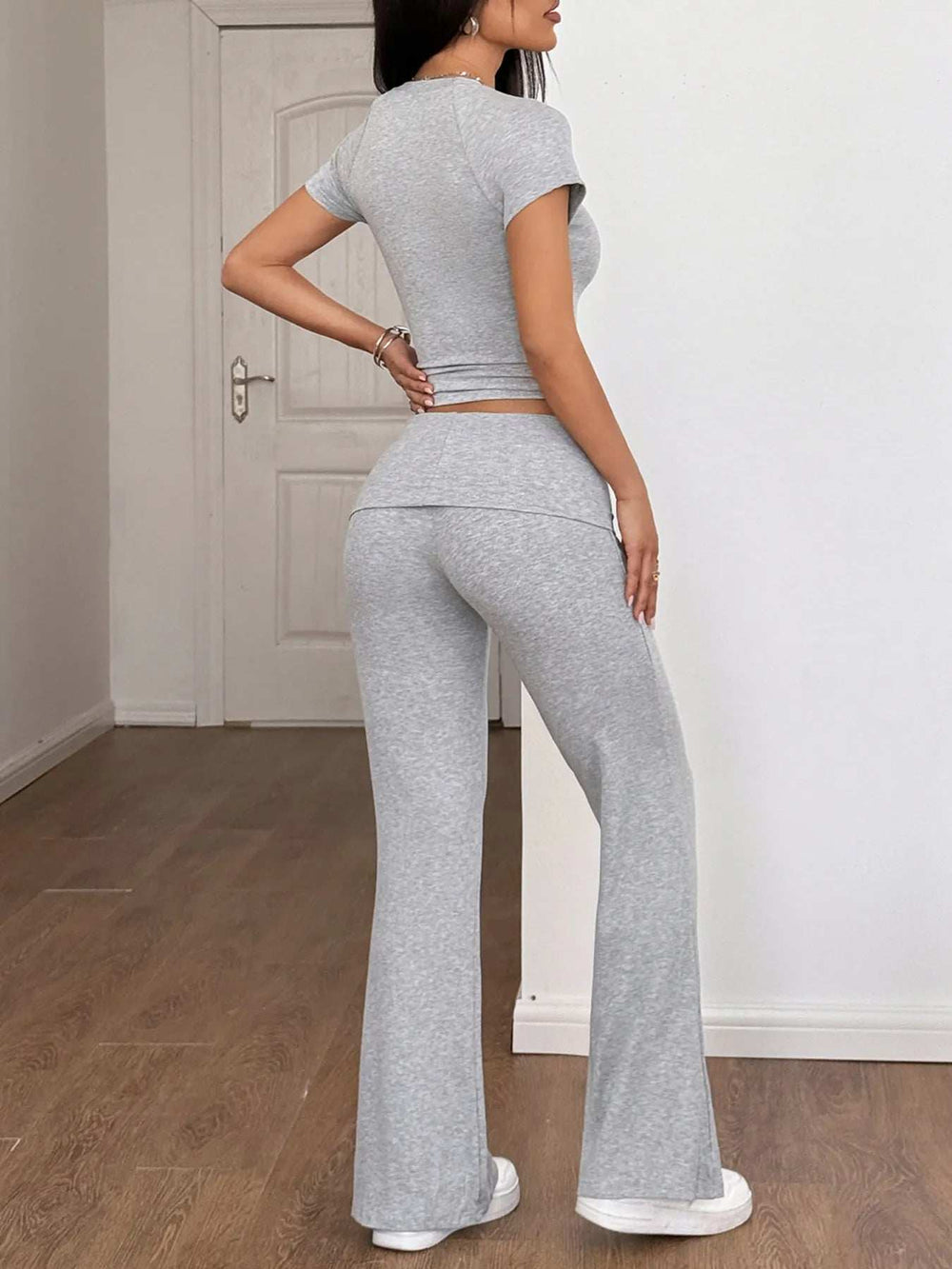 Round Neck Short Sleeve Top and Pants Set - Trendsi - Flyclothing LLC