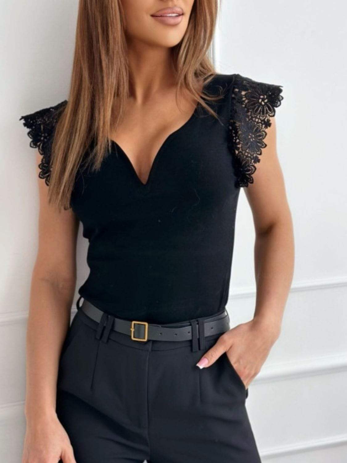 Lace Detail Sweetheart Neck Cap Sleeve T-Shirt - Trendsi - Flyclothing LLC