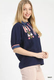 Umgee Embroidered Puff Sleeve Contrast Trim Top - Trendsi - Flyclothing LLC