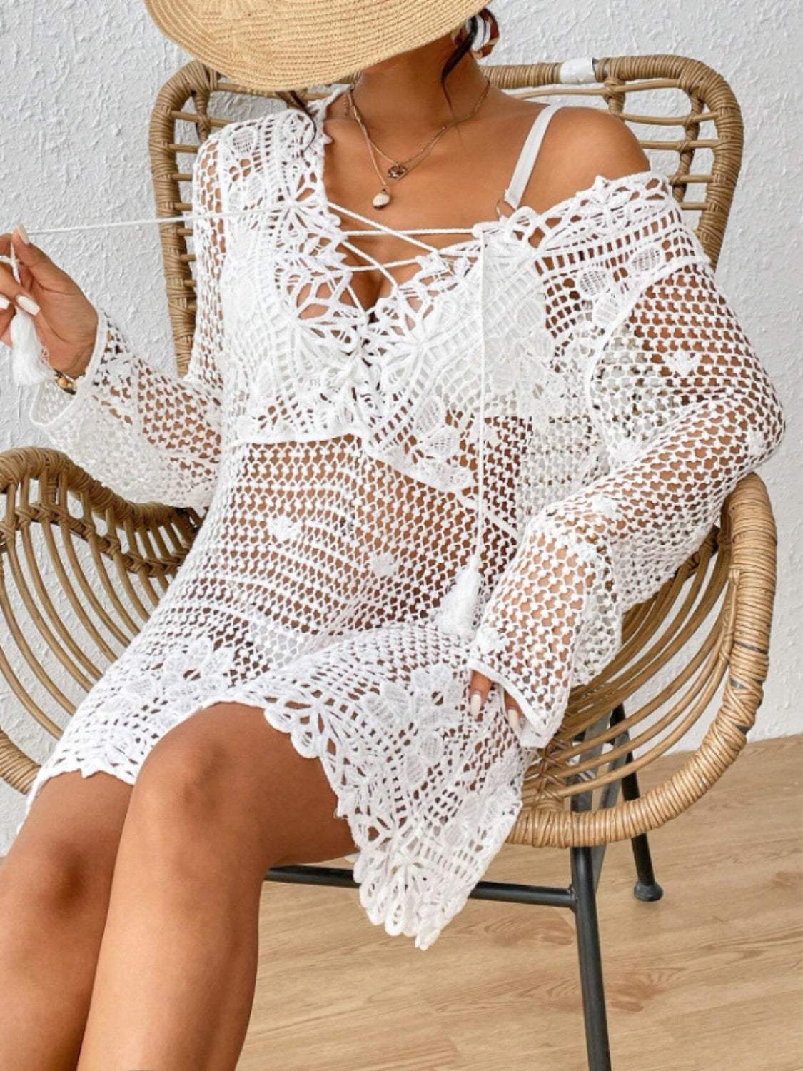 Cutout Tied V-Neck Long Sleeve Cover Up - Trendsi - Flyclothing LLC
