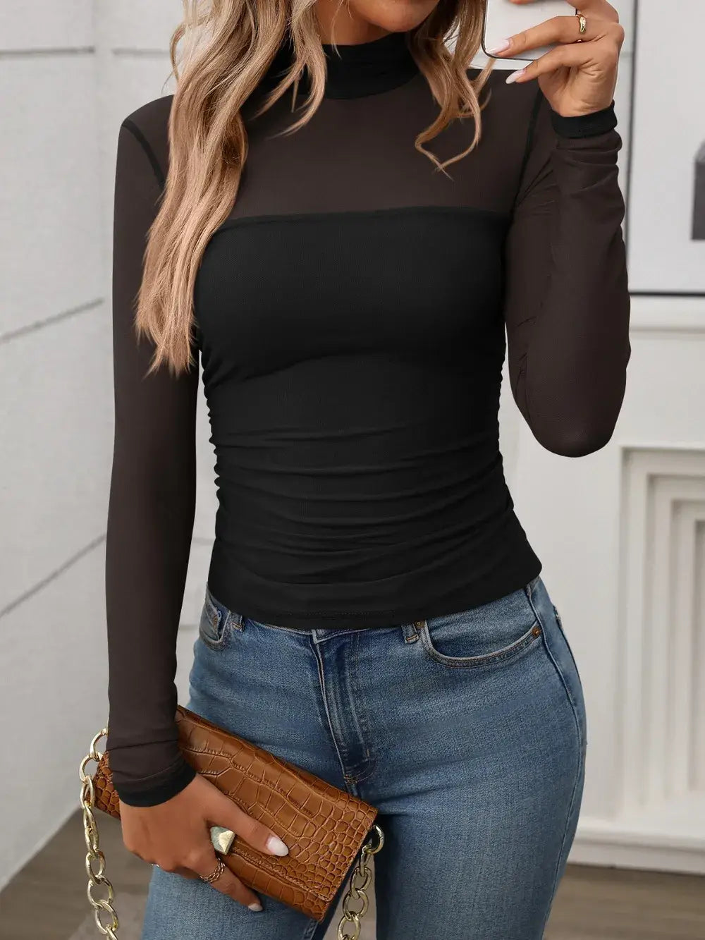 Mock Neck Long Sleeve Top - Trendsi - Flyclothing LLC