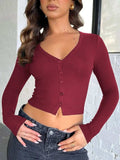 Buttoned V-Neck Long Sleeve T-Shirt - Trendsi - Flyclothing LLC