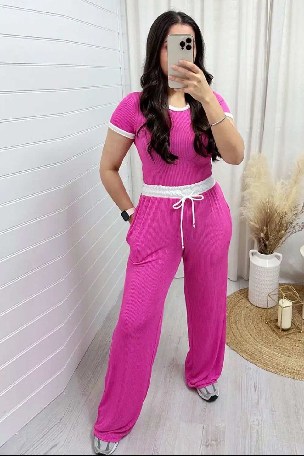 Contrast Trim Round Neck Top and Pants Set - Trendsi - Flyclothing LLC