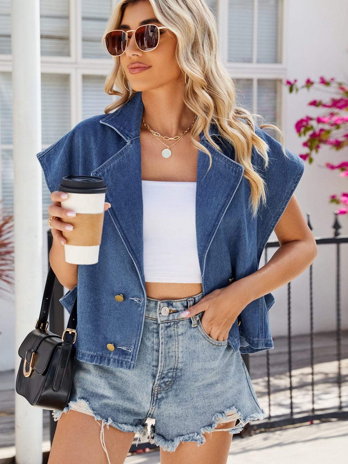Buttoned Up Collared Neck Denim Top - Trendsi - Flyclothing LLC