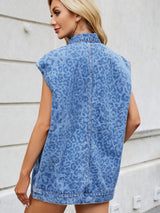 Leopard Button Up Cap Sleeve Denim Jacket - Trendsi - Flyclothing LLC