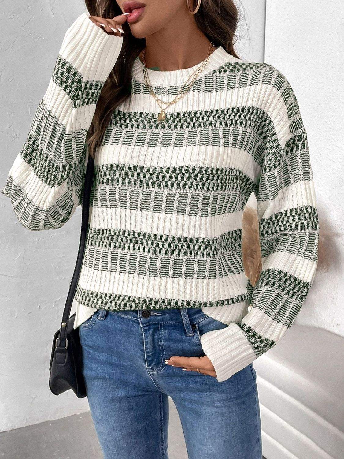 Perfee Contrast Round Neck Long Sleeve Sweater - Trendsi - Flyclothing LLC