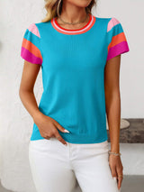 Mandy Contrast Round Neck Short Sleeve Knit Top - Trendsi - Flyclothing LLC