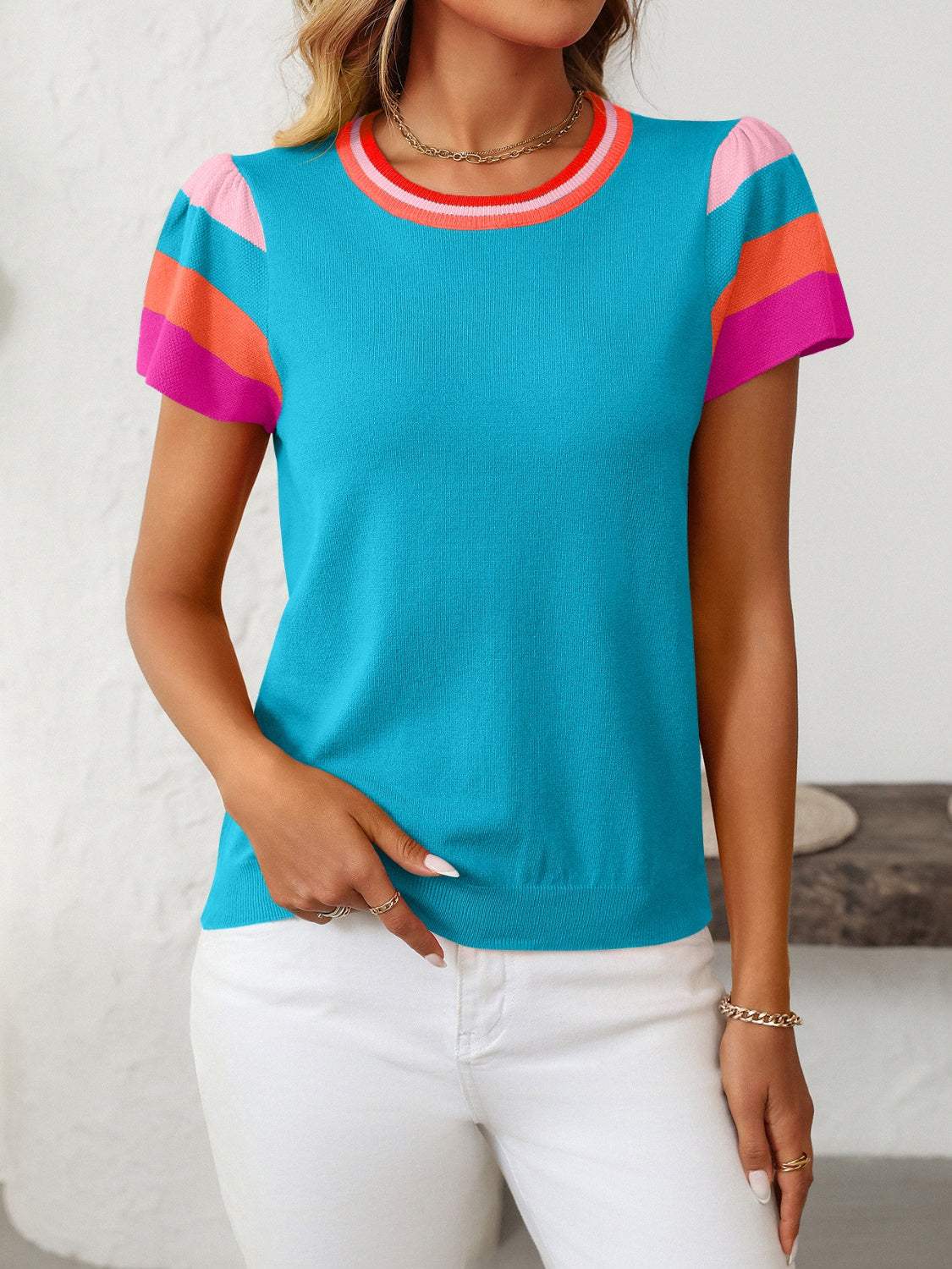 Mandy Contrast Round Neck Short Sleeve Knit Top - Trendsi - Flyclothing LLC