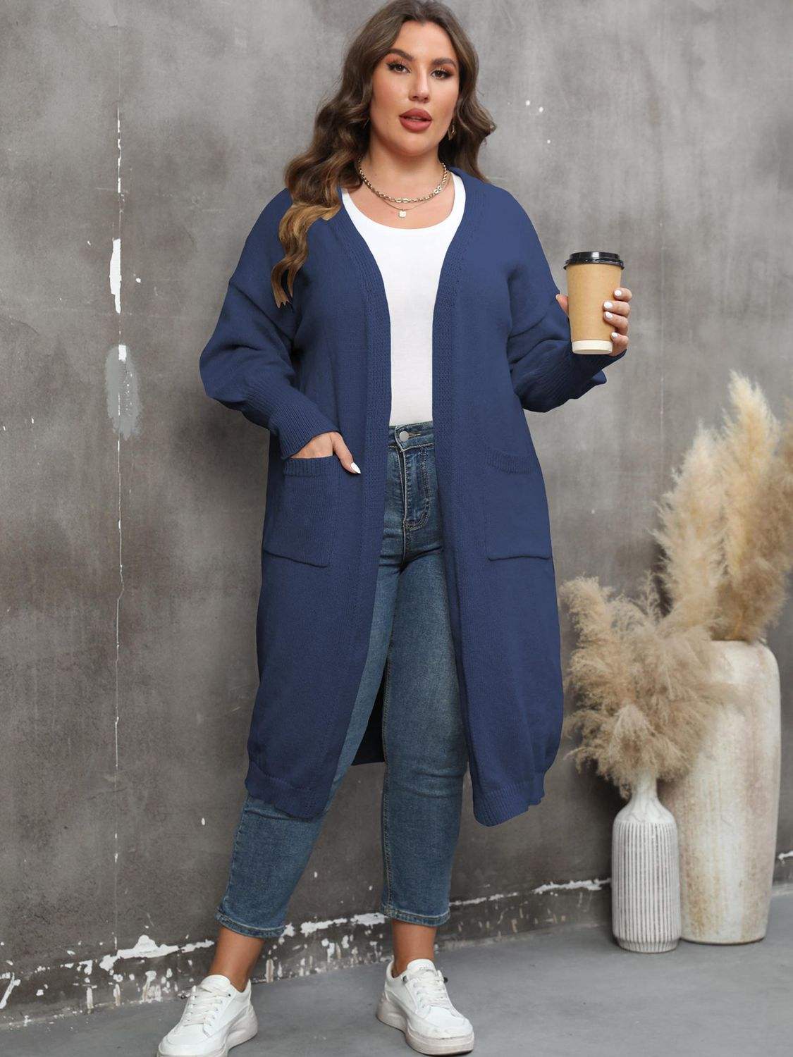 Plus Size Long Sleeve Pocketed Cardigan - Trendsi - Flyclothing LLC