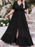 Plus Size Ruffled Hem Button Down V-Neck Short Sleeve Maxi Dress - Trendsi - Flyclothing LLC
