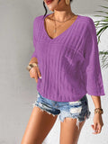 V-Neck Three-Quarter Sleeve Knit Top - Trendsi - Flyclothing LLC